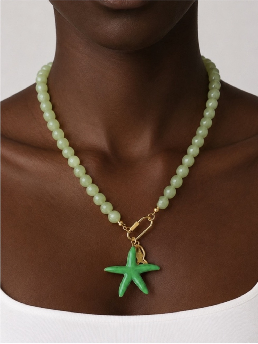 Just In! New! Coastal Green Glass Beaded Gold Starfish Necklace NWOT
